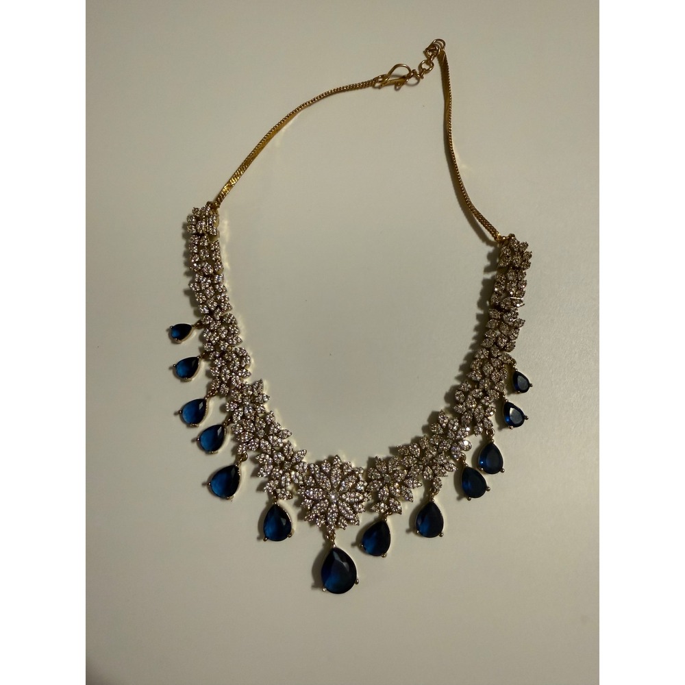 Blue Teardrop Crystal Floral Bib Necklace Gold Tone Statement Choker‎ Wedding